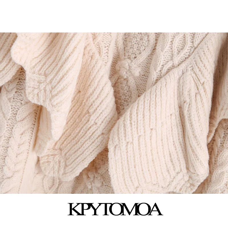 KPYTOMOA Kvinder 2021 Mode Pjusket Beskåret Strikket Sweater Vintage Høj Hals Lanterne Ærme Kvindelige Pullovere Smarte Toppe