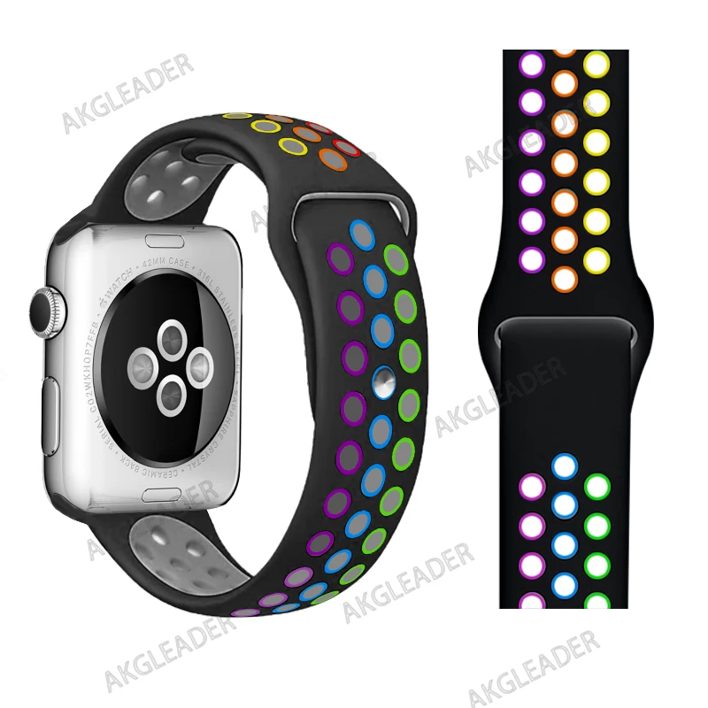 Nyeste rainbow solicone sport band for apple ur 1 2 3 4 5 iwatch 38mm 40mm 42mm 44mm watchbands smart ur