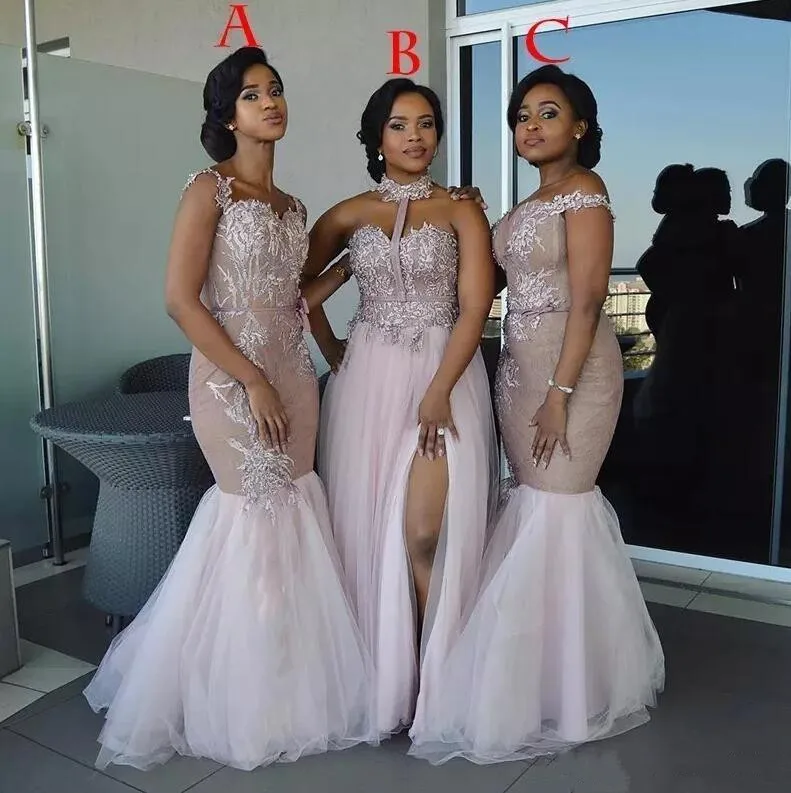2020 Afrikanske Brudepige Kjoler Lange Blandet Stil Pynt Off Skulder Havfrue Prom Dress Split Side Brudepige Kjoler
