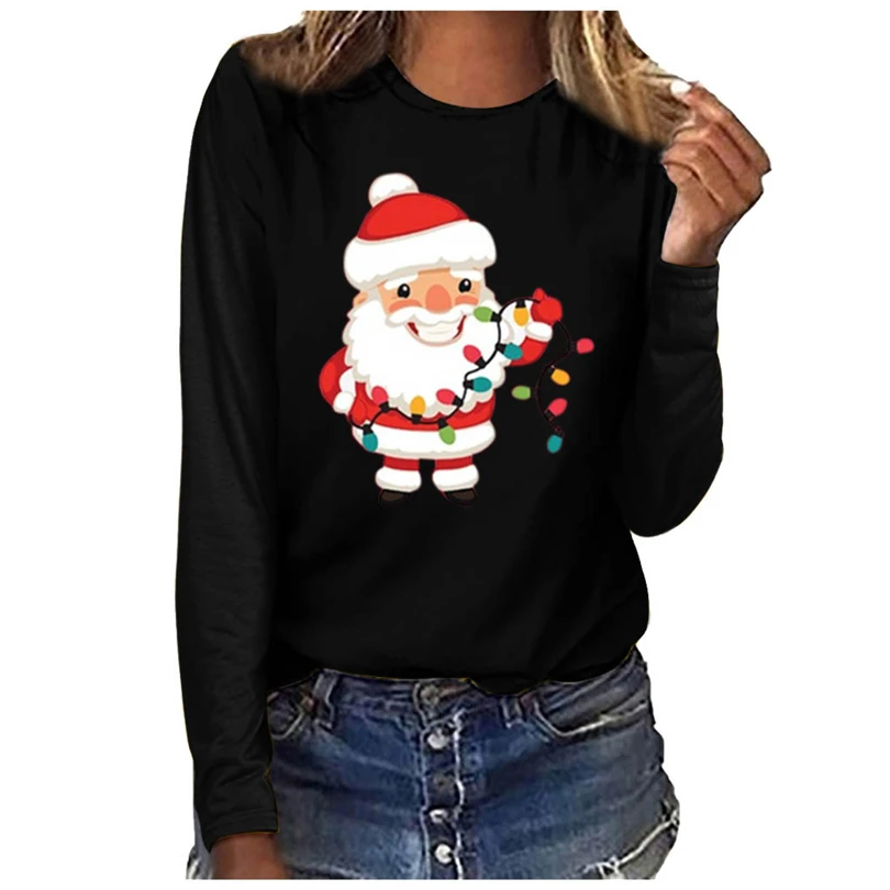 Kvinder Jul Toppe Efteråret Langærmet T-shirt Plus Størrelse 3XL Santa Print-O-Neck Tee Toppe Gotiske Tunnic Vinter Tøj A5