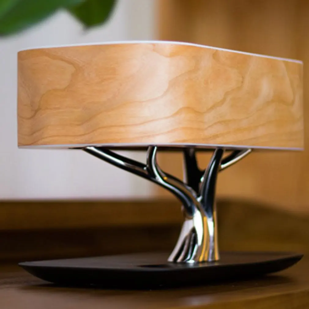 Multifunktions LED bordlampe Højttaler Auto Sleep Mobiltelefon Trådløse Oplader Træ Design, boligindretning