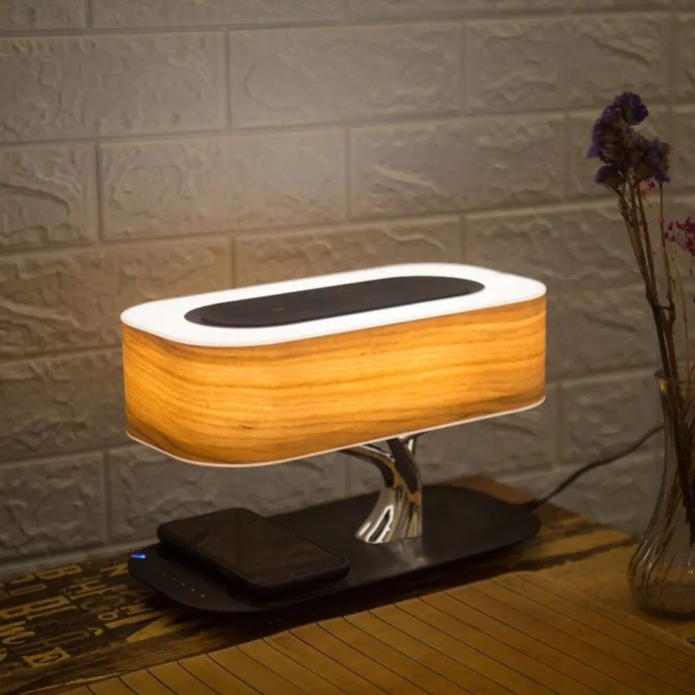 Multifunktions LED bordlampe Højttaler Auto Sleep Mobiltelefon Trådløse Oplader Træ Design, boligindretning