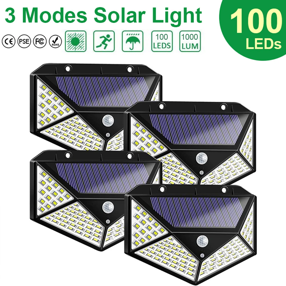 100 LED Solar Light Udendørs Sol Lampe Drevet Sollys 3 Modes PIR bevægelsesføler for Haven Dekoration Wall Street