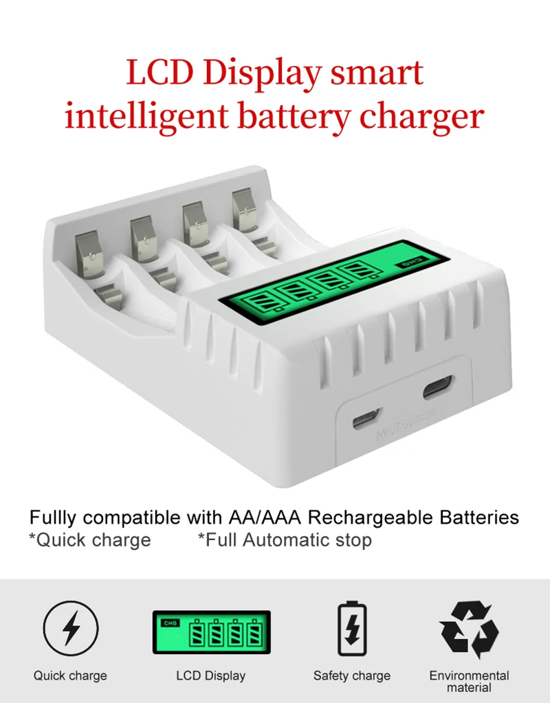 PHOMAX Smart Batteri Oplader med LED-indikator og Short Circuit Protection For 4 stk AA/AAA NiCd NiMh Genopladelige Batterier