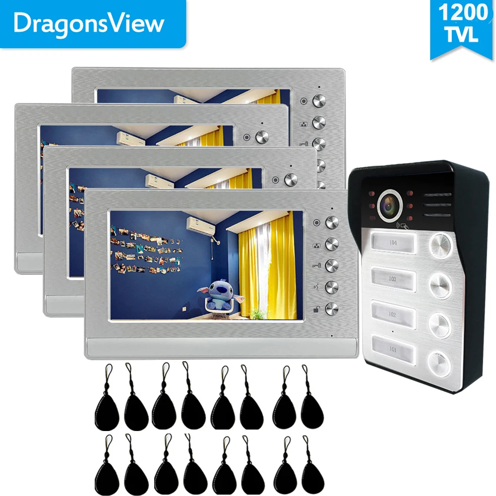 Dragonsview 2/3/4 Enheder Lejlighed Vidvinkel 130 Video Dør Telefon Intercom System 7' Skærm med RFID-håndsender 1200TVL Dørklokken