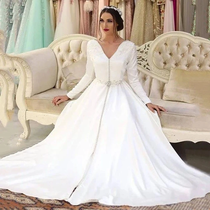 Hvid Marokkanske Kaftan Kaftan Muslimske Aften Kjoler A-line V-hals Lange Ærmer Dubai arabisk Tyrkiet Abaya Islamiske Aften Kjole