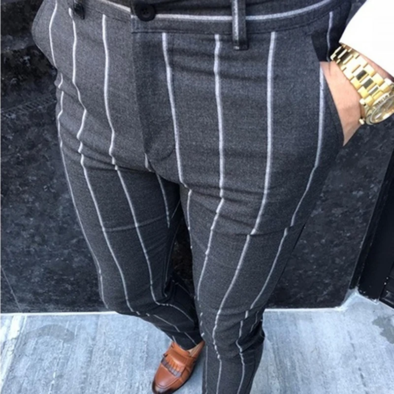 Herre Chinos Slim Fit Tynde Bukser Til Mænd Chino Bukser, Ternet Design, Mode Grå Stribe Casual Ensfarvet Bukser 2020