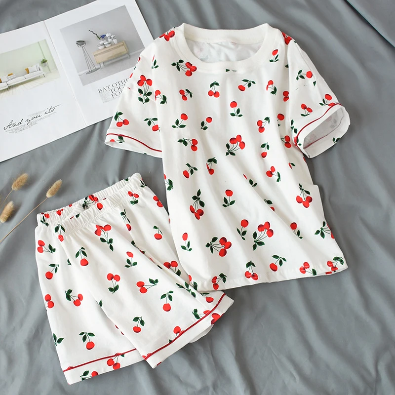 KISBINI Sommeren Kvinders Pyjamas Sæt Søde Kirsebær Print Bomuld, Blød, kortærmet T-shirt+Shorts Sæt Nattøj Kvinder Pyjamas