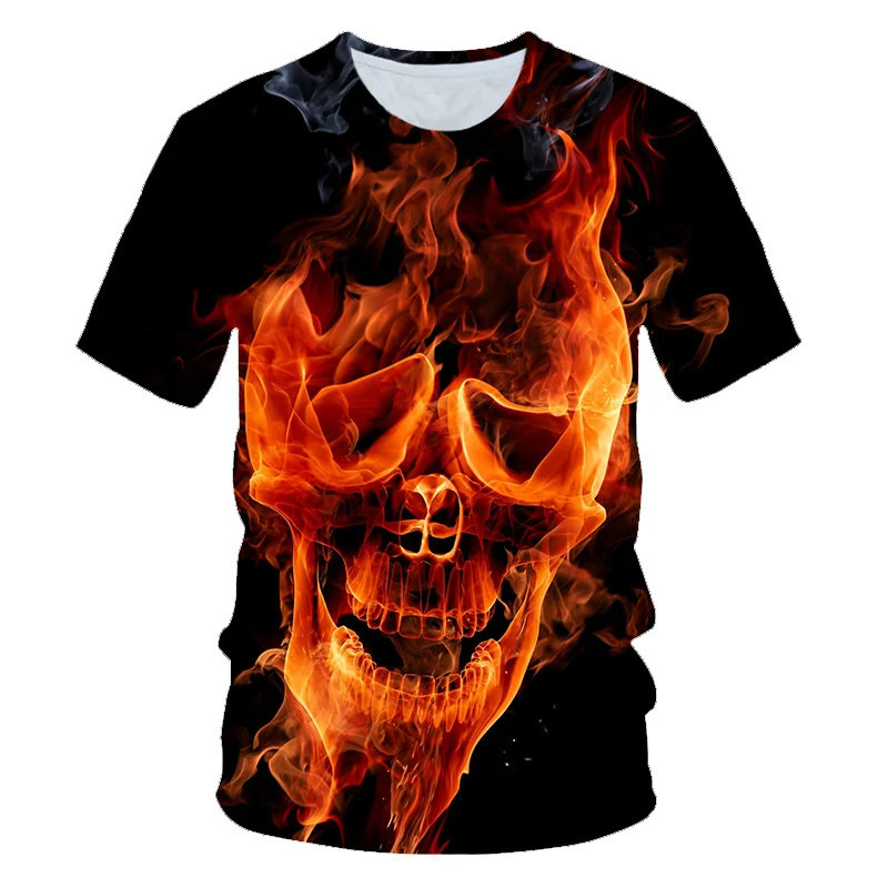 4-20 År 2020 Sommer Børn Punk Style 3D-T-shirt til Drenge Pige Blå Ild Skull Hoved Bullet Print T-shirt Kids Halloween t-shirts