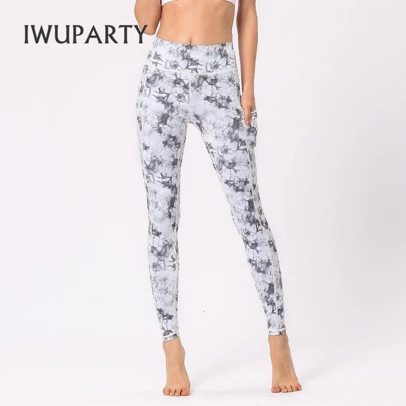 IWUPARTY Blomster Print Yoga Pants med Lommer, Høj Talje Sport Tights Kvinder Patchwork Bukser Workout Fitness Tøj Sweatpants