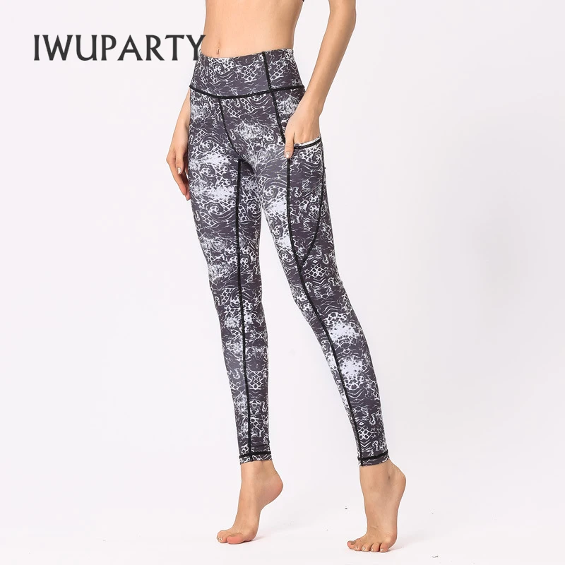 IWUPARTY Blomster Print Yoga Pants med Lommer, Høj Talje Sport Tights Kvinder Patchwork Bukser Workout Fitness Tøj Sweatpants