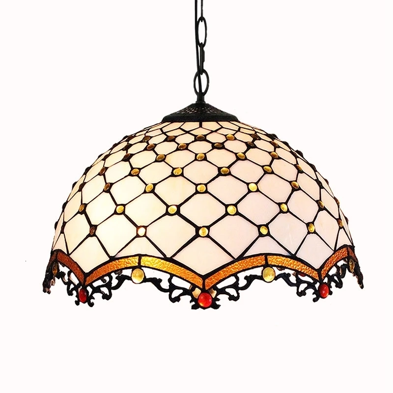 Tiffany Barok Farvet Glas Nedhængt Armatur E27 LED Strygejern Kæde Vedhæng Lys Belysning Lampe til Hjemmet Stue og Spisestue