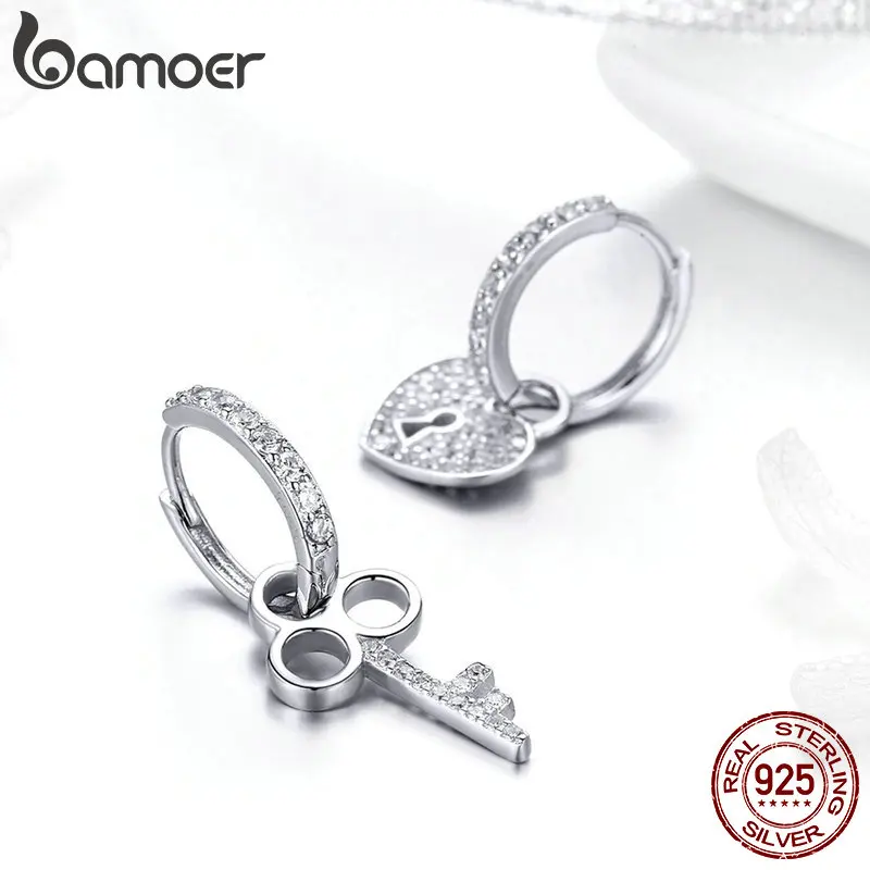 BAMOER Classic 925 Sterling Sølv Kærlighed Hjerte Form Key Lock Drop Øreringe til Kvinder, Bryllup, Engagement Smykker SCE577