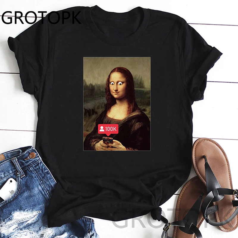 Spoof Mona Lisa Sommer Casual T-Shirt Kvinder Sød T-Shirt Kvinder Streetwear Harajuku Print Korte Ærmer Tee Toppe