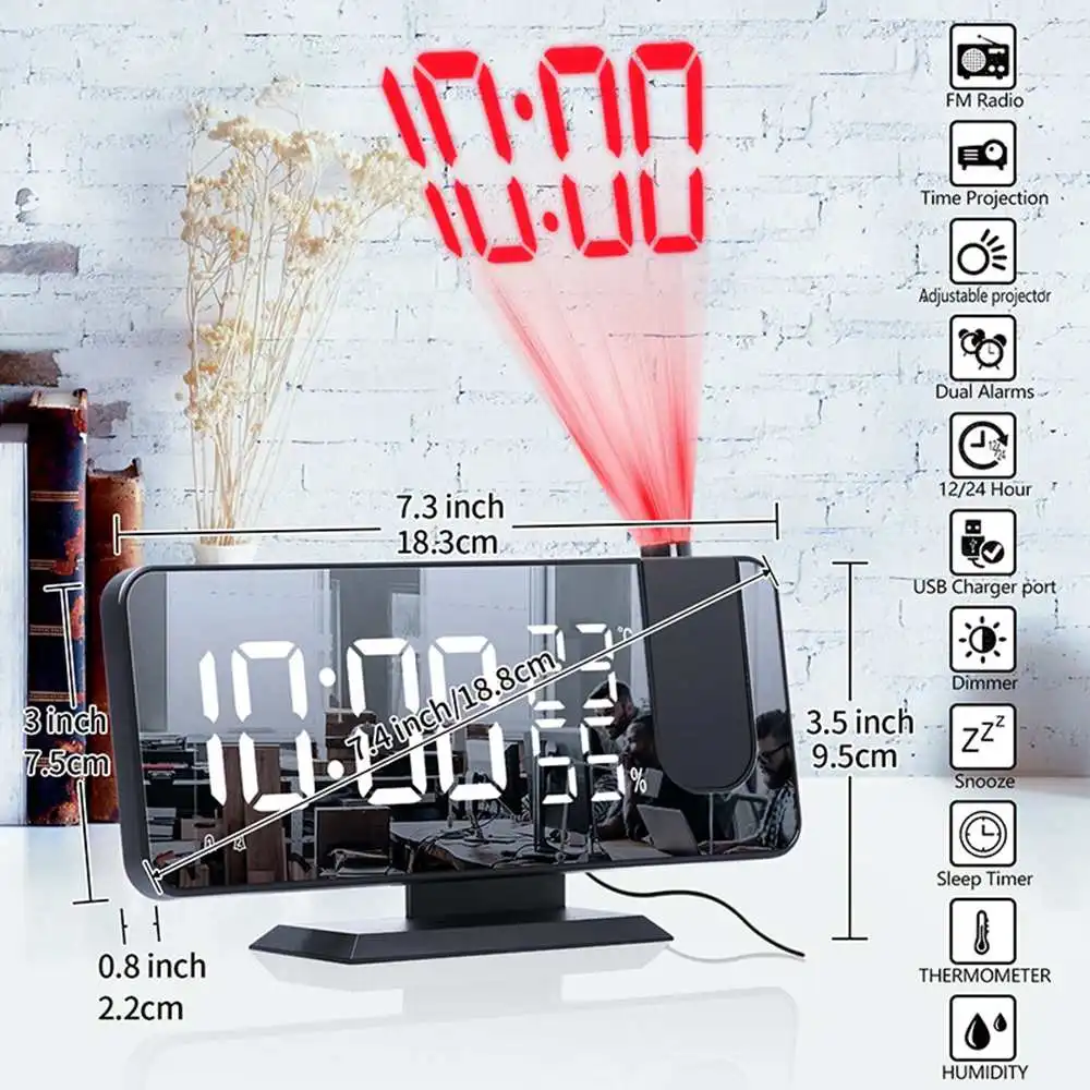 Mrosaa Digital LED Alarm Ur se Tabel Elektronisk Desktop Ure USB-Vågne op FM-Radio Tid Projektor Snooze Funktion 3 Farve