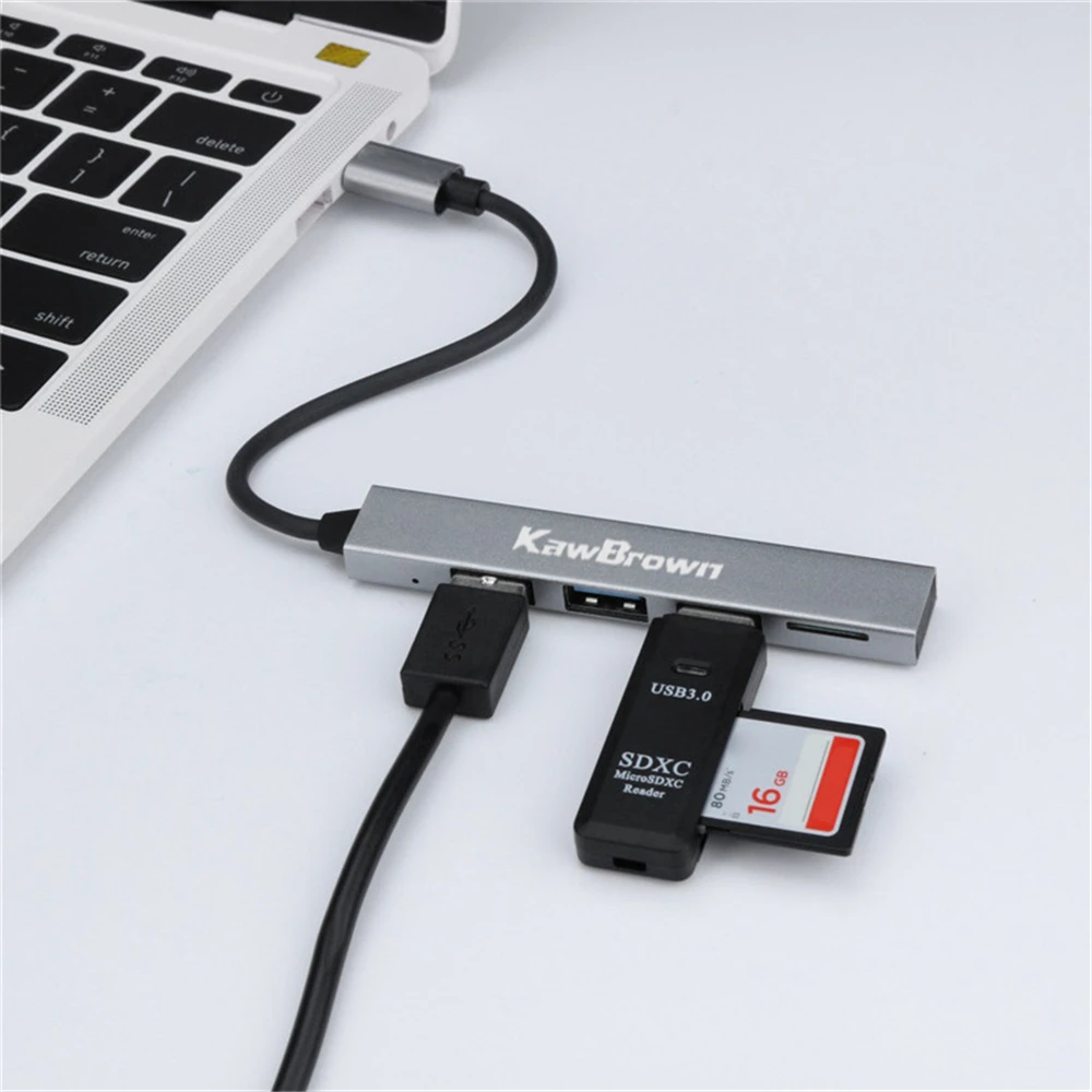 KawBrown 4 i 1 Type-C-Hub Til USB 3.0-Magnesium Legering Hub med TF-Læser til Bærbar