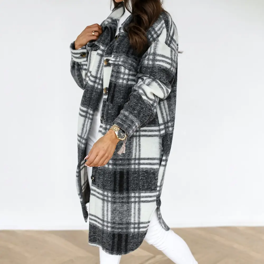 2020 Vinter Kontrolleret Kvinder Jakke Skrue Ned Frakke Varm Plaid Lang Frakke Oversize Tykke Uldne Blander Kvindelige Streetwear