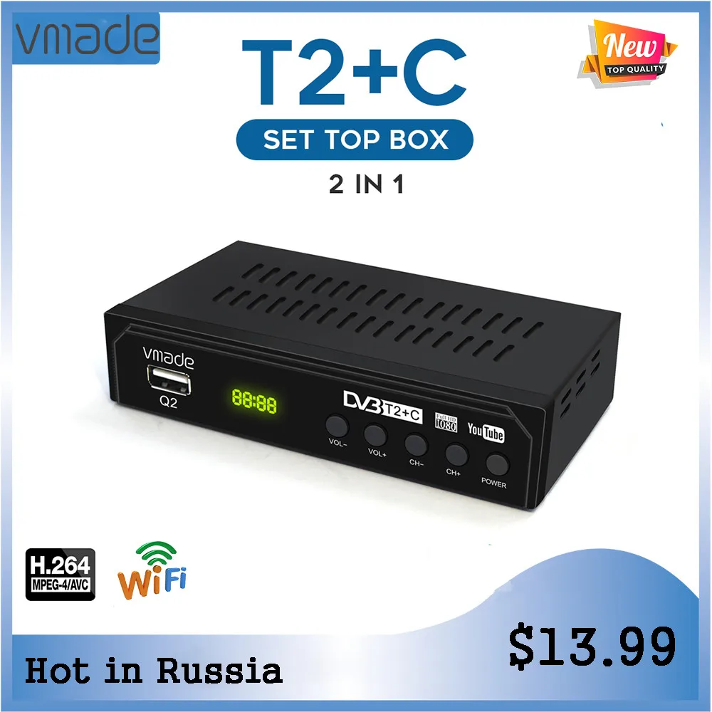Nyeste HD-T2 TV-Tuner (DVB-T2+C digital tv modtager støtte WIFI DVB-T2, DVB-C set-top-boks H. 264 receptor