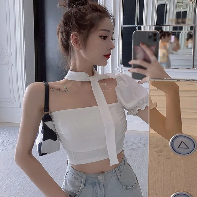 Kvinder t-Shirts koreanske One-Shoulder Puff Ærme t-Shirt Halterneck Hals Slankende Navlen Personlighed Hvid Tshirt Top Vetements Femme