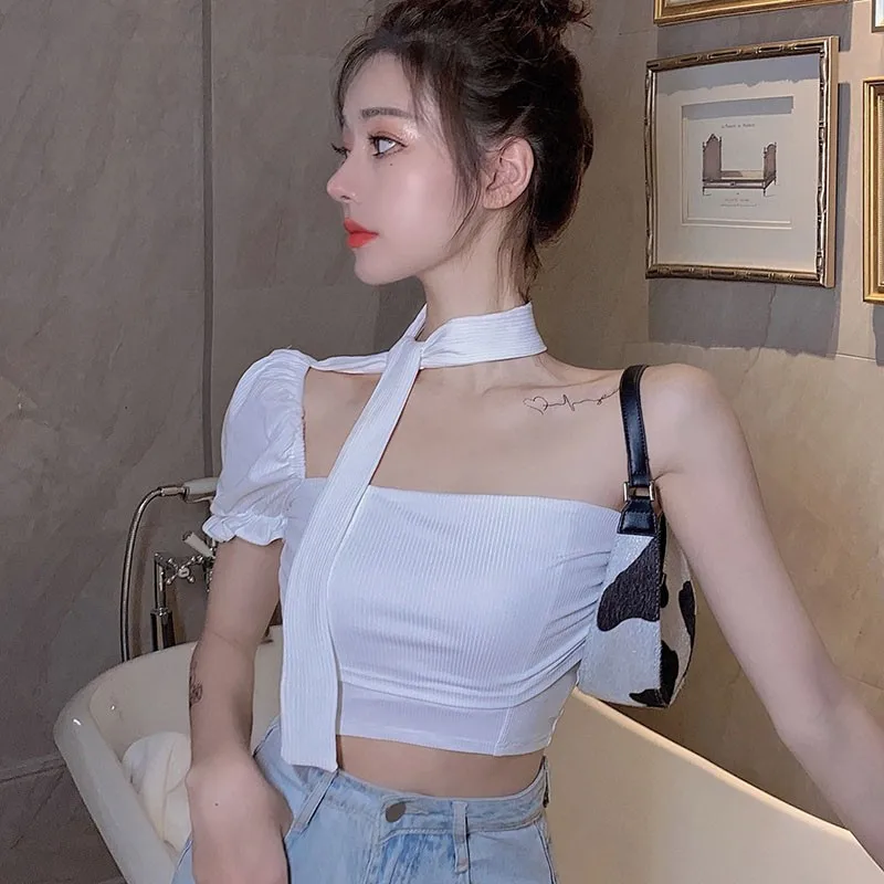 Kvinder t-Shirts koreanske One-Shoulder Puff Ærme t-Shirt Halterneck Hals Slankende Navlen Personlighed Hvid Tshirt Top Vetements Femme