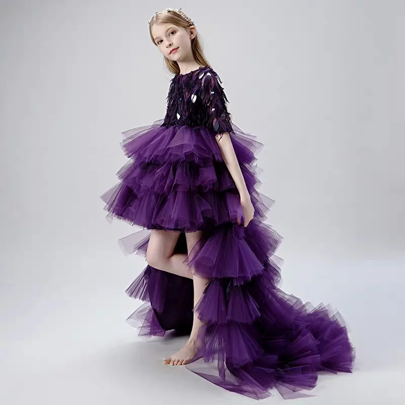 2020 Børn Luksus Prinsesse Party Aften Fødselsdag Sequined Kostumer Lange Hale Kjole Piger Model Viser Catwalk Klaver Vært Kjole