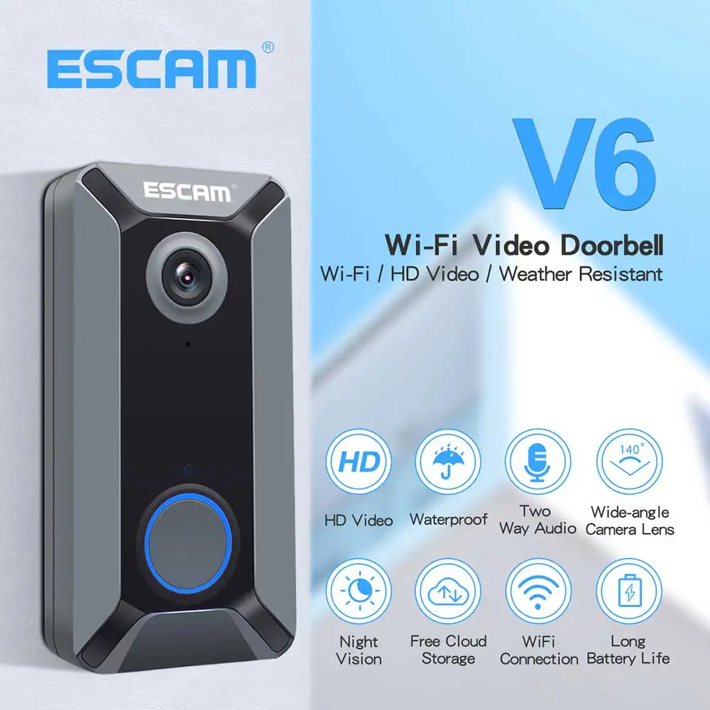 ESCAM V6 720P Trådløse Dørklokke-Batteriet videokameraet Gratis Cloud Storage Vandtæt sikkerhed i Hjemmet