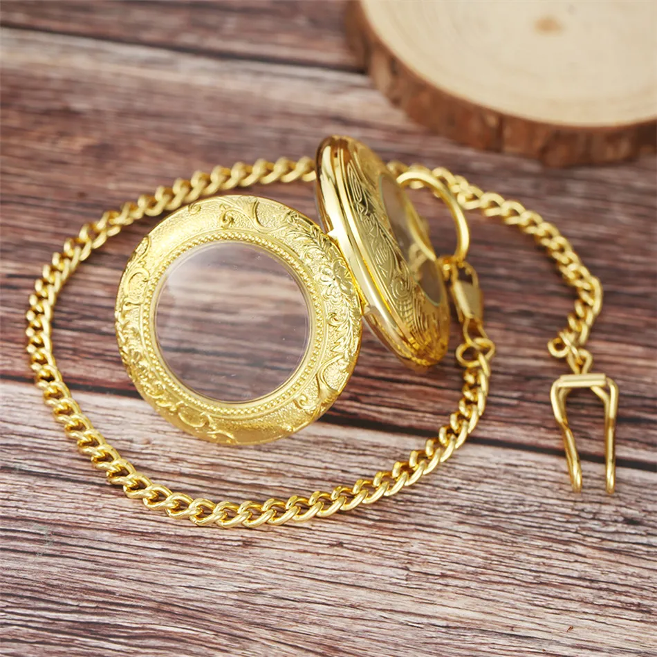 Gennemsigtig Glas Hunter Hånd-vikling Mekaniske lommeur Romertal Display Guld Skelet Vedhæng Ur med Fob Kæde