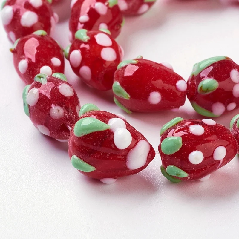 Pandahall 100pcs Håndlavet Lampwork 3D Jordbær Perler til Smykker at Gøre DIY Rød 12~13x10mm, Hul: 2mm