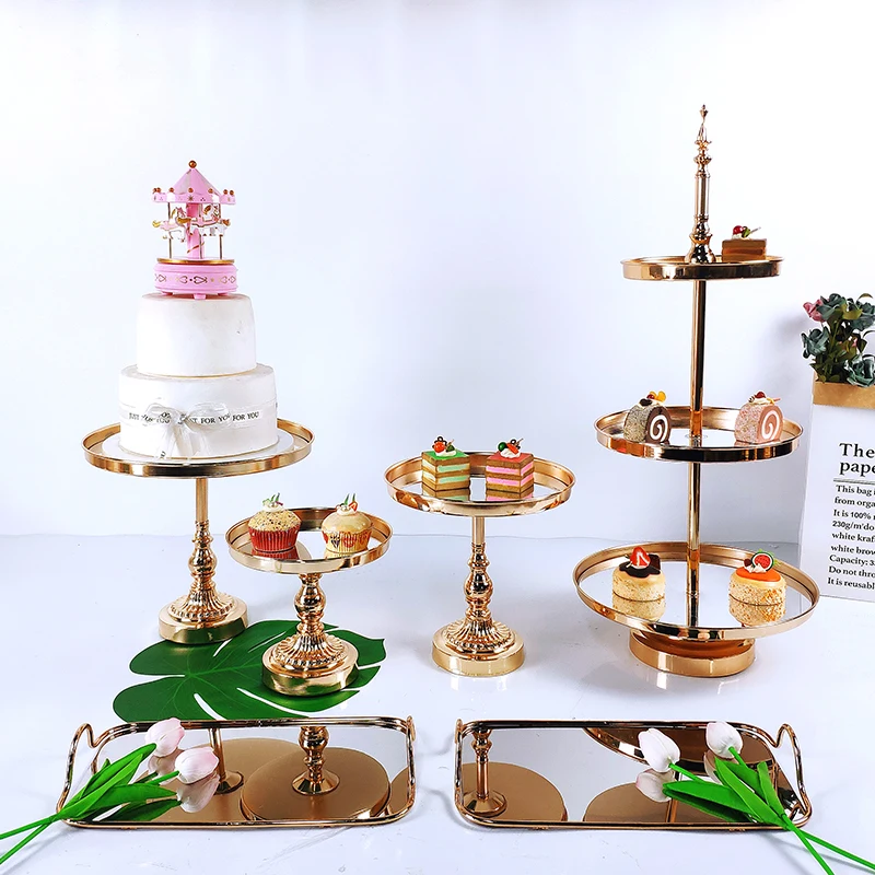 4-7PCS Guld Spejl Metal Kage Stativ Runde Bryllup Fødselsdag Dessert Cupcake Piedestal Vise Plade Home Decor