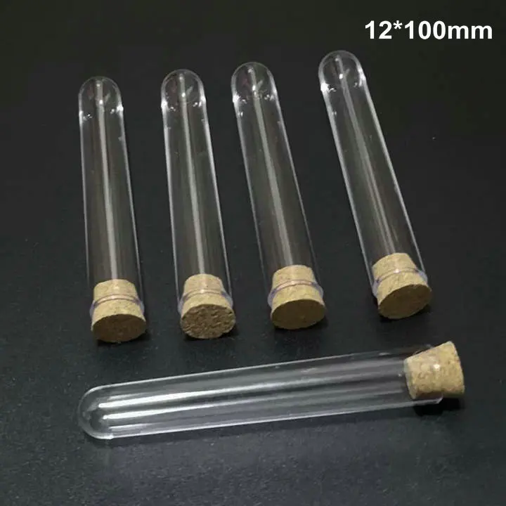 Gratis forsendelse 24pcs/masse 12x100mm Plast runde bunden reagensglassene med kork prop for former for Test Laboratorium glas