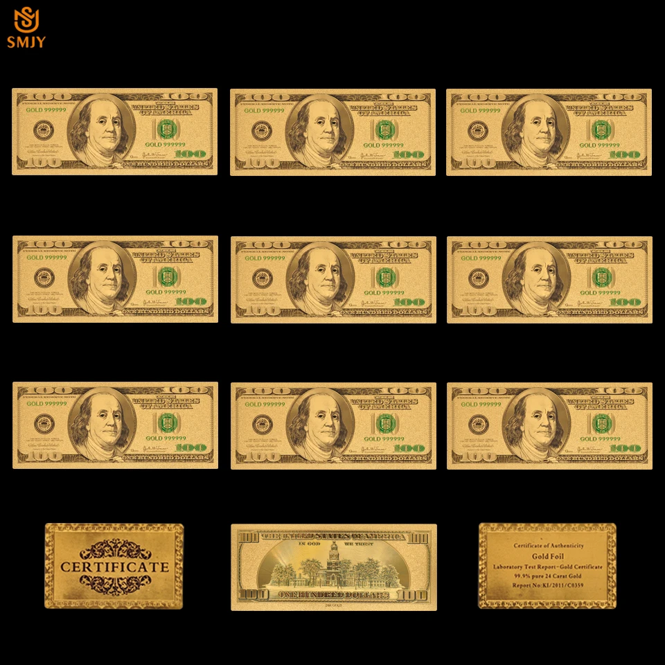 10STK/Lot OS til at Sætte Valuta Papir 100 Dollar Regninger I Guld 999 Forgyldt Sedler Falske Penge Samlinger