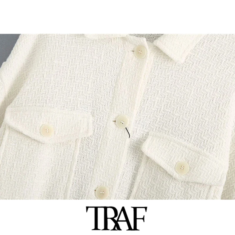 TRAF Kvinder Mode Med Lommer Overdimensionerede Tweed Jakke Vintage Pels Lange Ærmer-Knap-op Kvindelige Overtøj Smarte Toppe