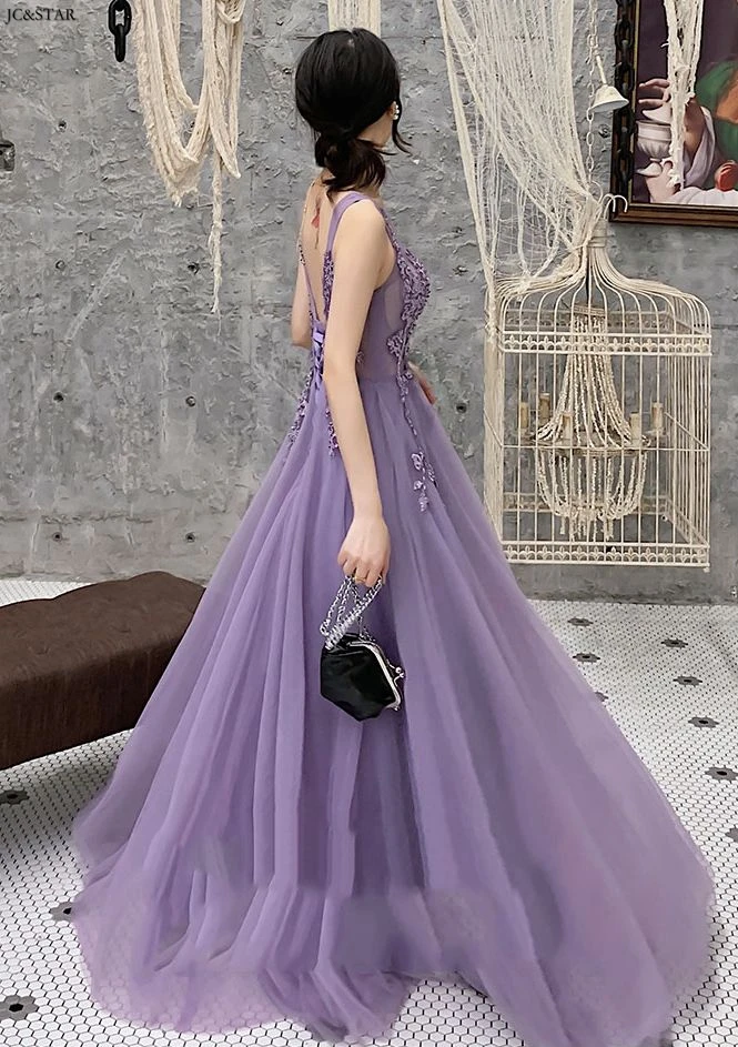 Lavendel lilla brudepige kjole lang tyl beaded sexy V hals En Linje vestidos de boda invitada abiti damigella donna robe demoi