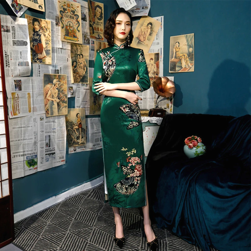 Sheng Coco Efteråret Nyeste Model Dress Kina langærmet Bryllup Fan Mønster Lang Qipao Silke S-4xl Plus Størrelse kvinde Tøj
