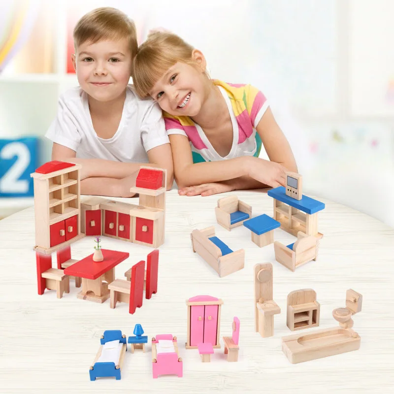 Miniature Møbler dukkehus i Træ dukkehus Møbler sæt Foregive, Legetøj Pædagogiske Play House Legetøj, som Børn Piger Gaver