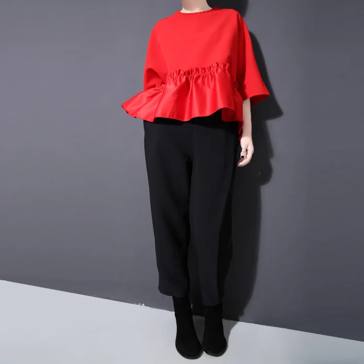 Kvinder flæse hem bluse hvid sort rød farve, løs top syninger plisseret flæse bluse asymmetrisk kvindelige kontor-shirt