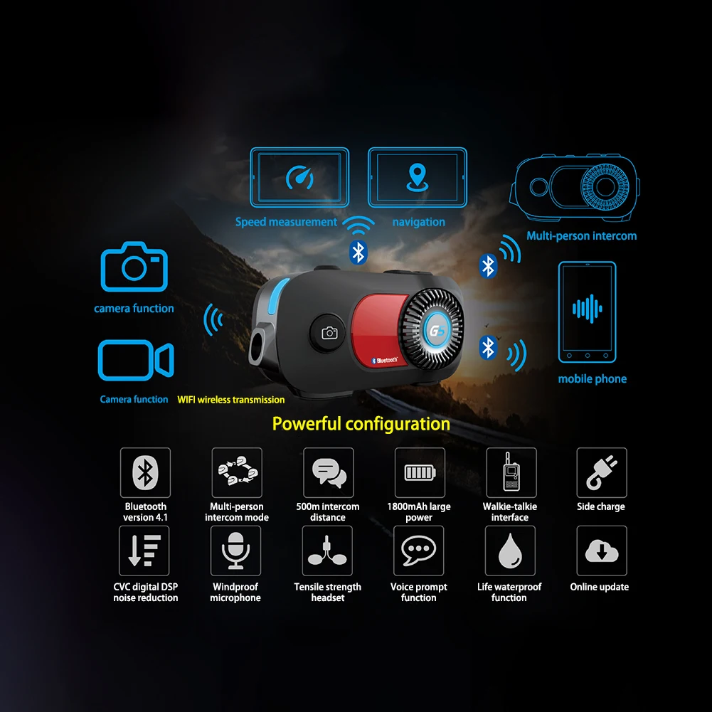 G5 Motorcykel Hjelm Bluetooth Headset 1800mAh Vandtæt 1080P Intercom Kørsel Optager HD-Kamera Til Motorcykel Tilbehør