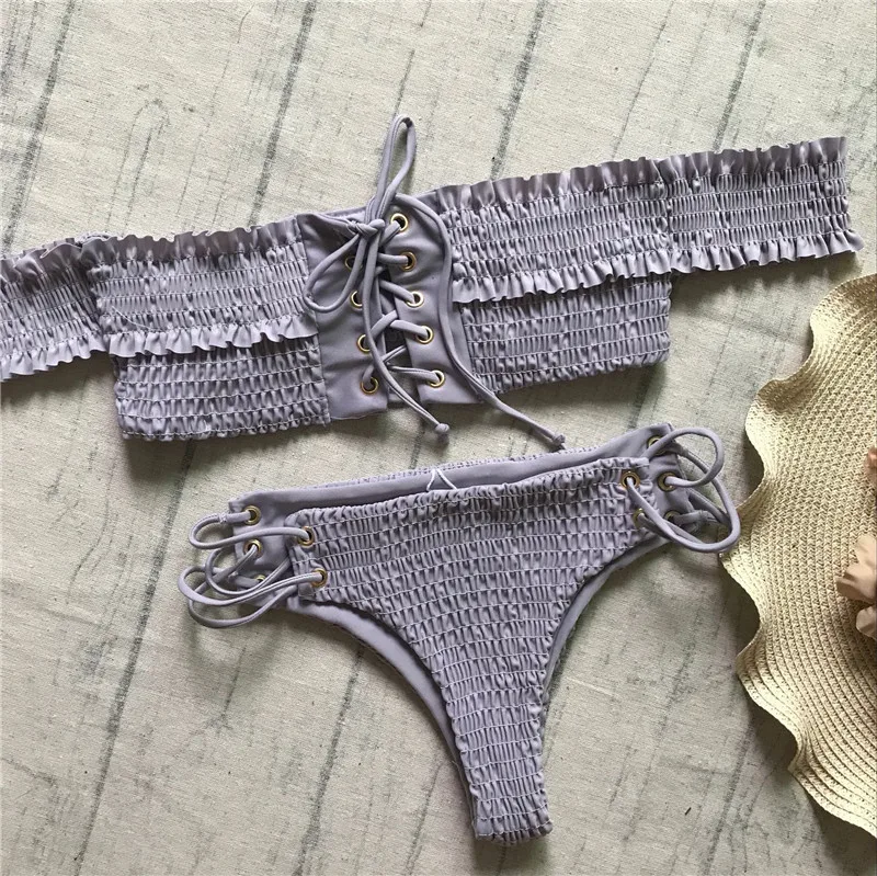Sexet Kvinder bandage solid Bikini Sæt Kvindelige 2018 Badedragt fra skulder korte ærmer snøre plisserede Brasilianske Stranden i badetøj