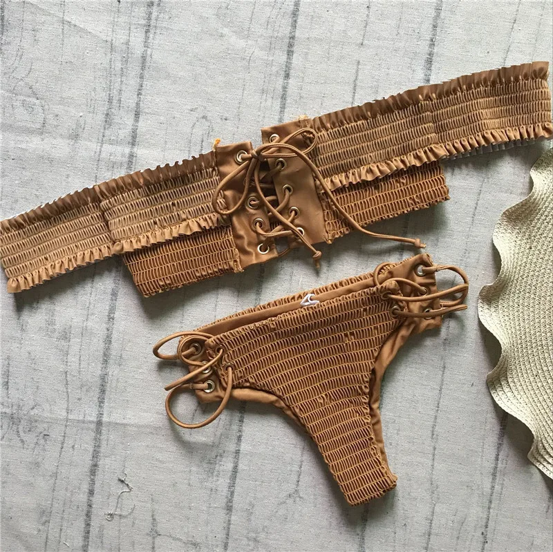 Sexet Kvinder bandage solid Bikini Sæt Kvindelige 2018 Badedragt fra skulder korte ærmer snøre plisserede Brasilianske Stranden i badetøj