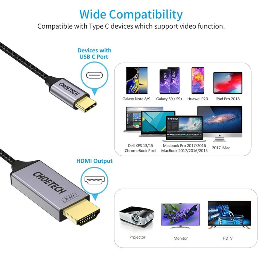1.8 M, USB Type C til-HDMI-Kabel 4K@60HZ til iPad Pro 2018 til MacBook Air til Samsung Galaxy S9/S9 Plus/Note 9 for Huawei Mate 20