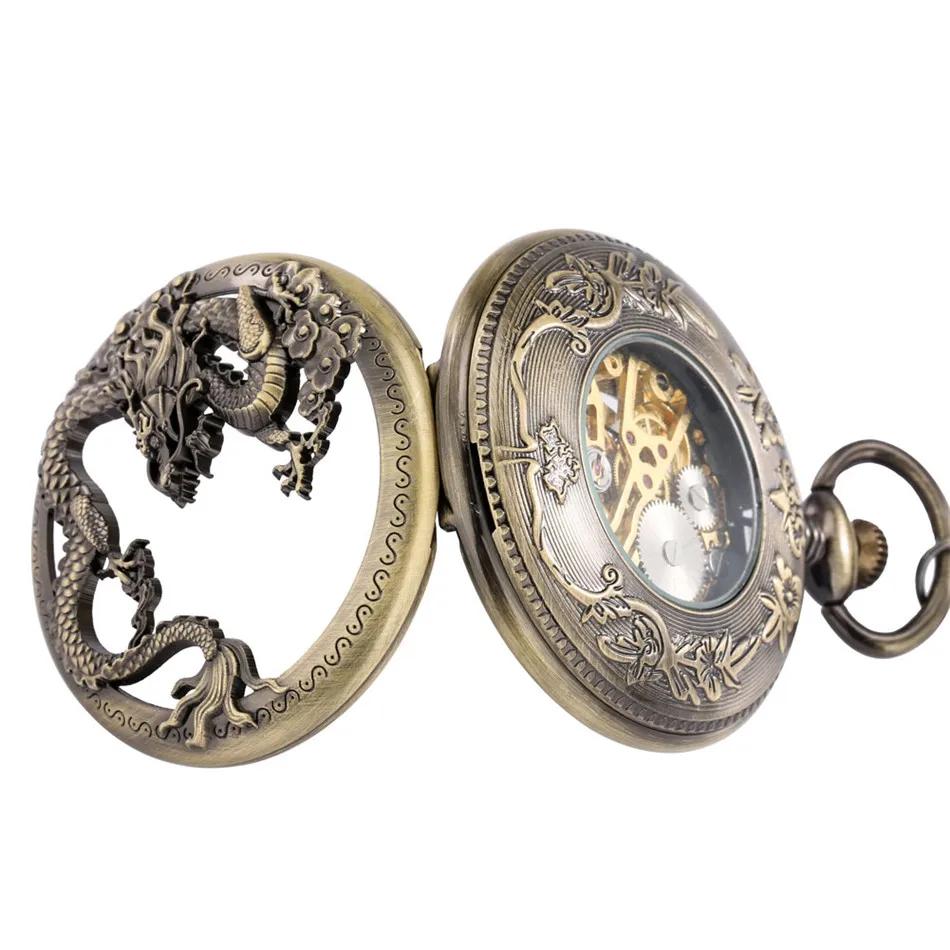Bronze Hule Dragon Vise Halvdelen Hunter Mekaniske Lommeur Cool Antikke Vedhæng Manuel Mekanisme Lomme Ur Gift Mand