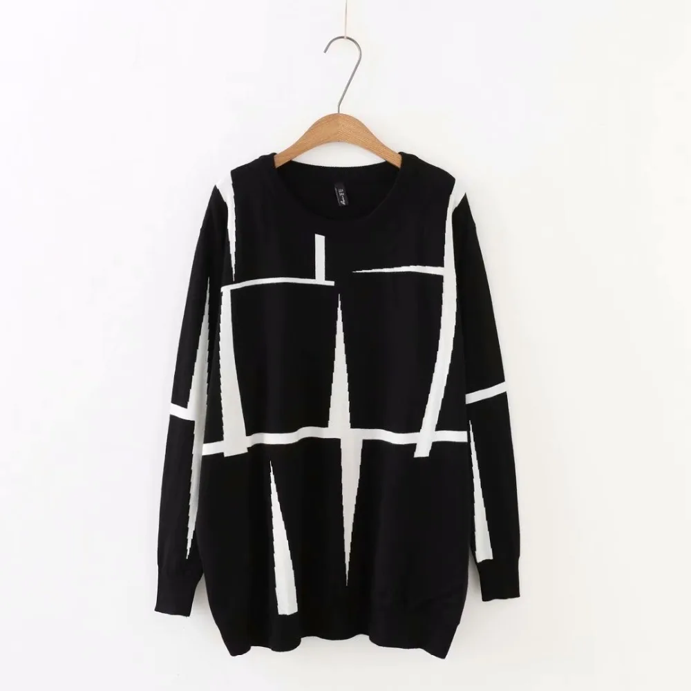 Plus størrelse efteråret O-Hals Lange ærmer kvinder Strikkede pullovers 2018 casual sort & grå geometriske damer uld sweater kvindelige 5XL