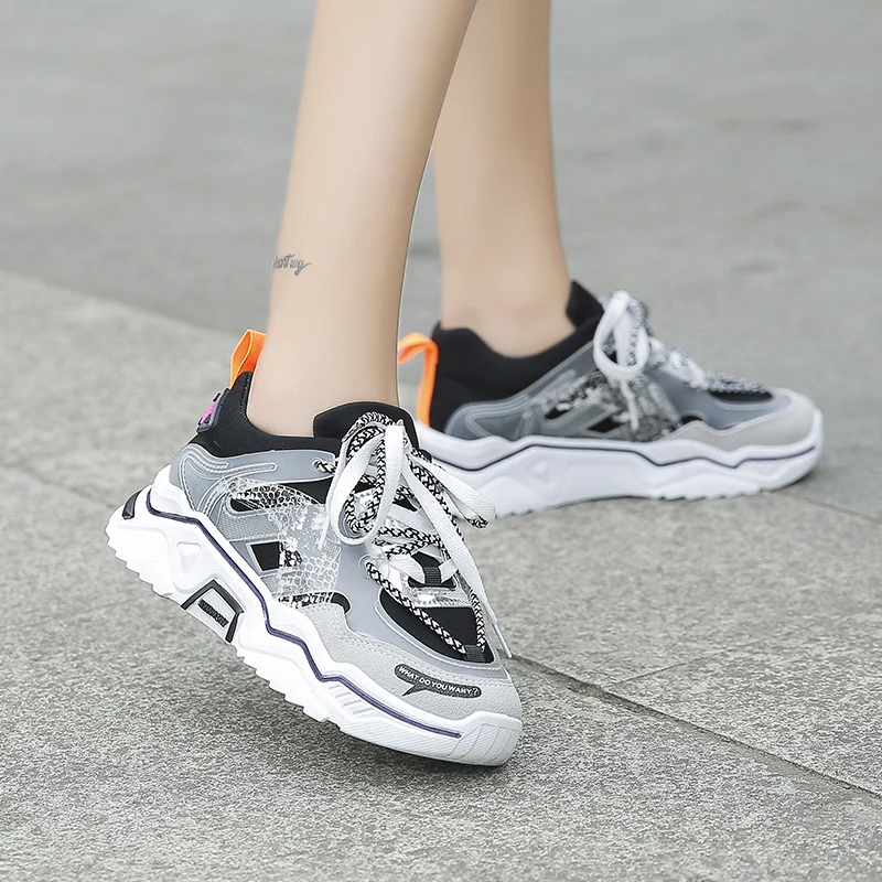 Nye Kvinder Platform Chunky Sneakers 5cm høj lace-up Afslappet Vulcanize Sko luksus Designer Gamle Far kvindelige mode Sneakers 2019