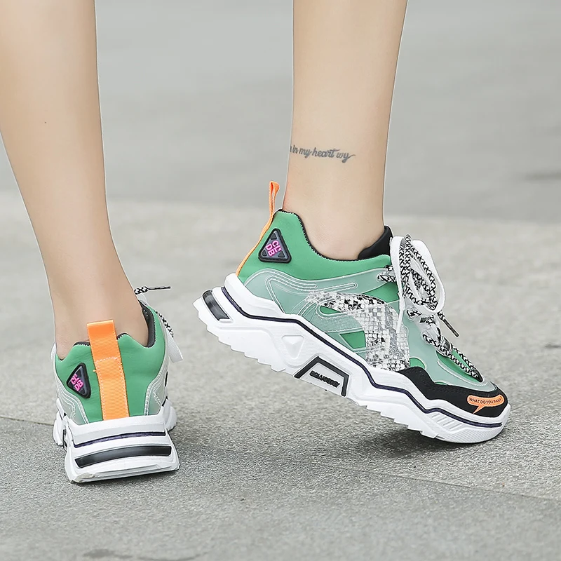 Nye Kvinder Platform Chunky Sneakers 5cm høj lace-up Afslappet Vulcanize Sko luksus Designer Gamle Far kvindelige mode Sneakers 2019