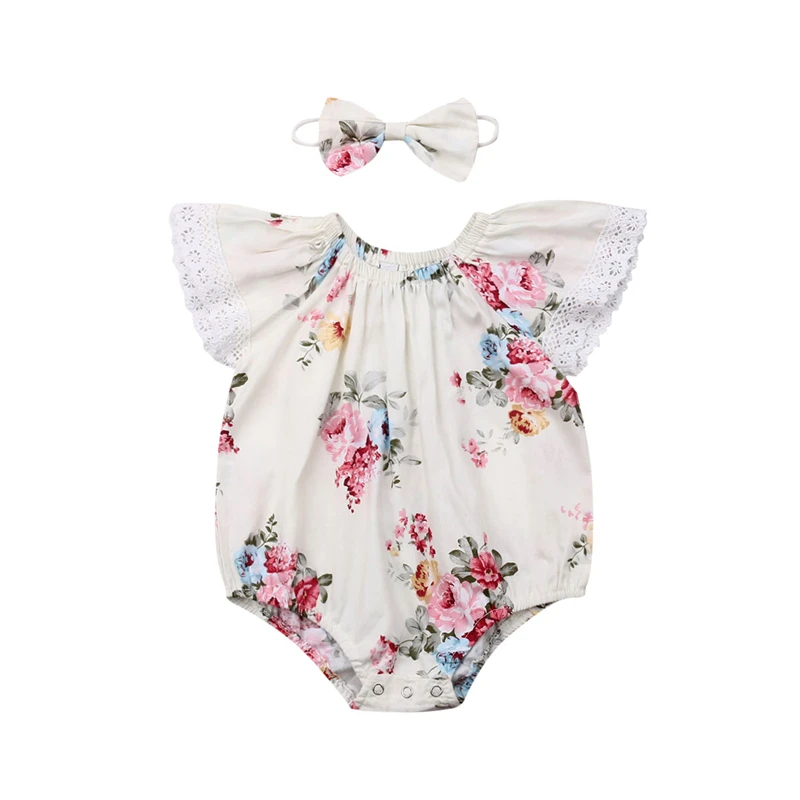 2019 lille Barn Nyfødt Baby Piger Bodysuit Sommeren Korte Ærmer Jumpsuits Blomstret Pandebånd Bomuld 2STK Tøj Kostume Tøj
