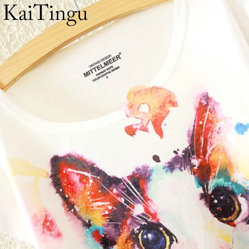 KaiTingu 2019 Helt Nye Mode Summer Harajuku Dyr Kat Print-Shirt med O-Hals kortærmet T-Shirt Kvinder Toppe Hvid T-shirt