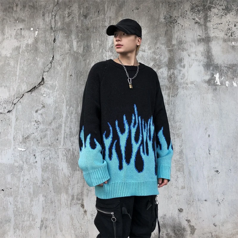 2020 Efterår Og Vinter Strik Top Flamme Jacquard Mode Sweater Løs Harajuku Kvinder Mand Tykkere Broderet Sweater Pullovere