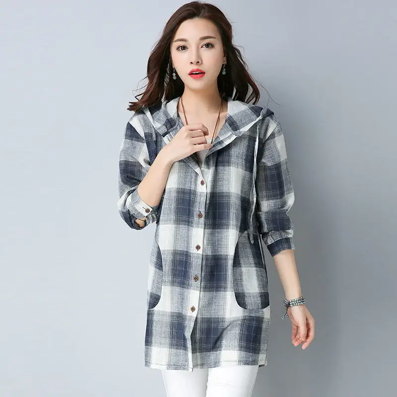 #2935 Plaid Hætte Trøje Til Kvinder Med Lange Ærmer Casual Bomuld Lang Tunika Styles Kvinder Løs Elegante Ternet Bluse Kvindelige Koreanske Stil
