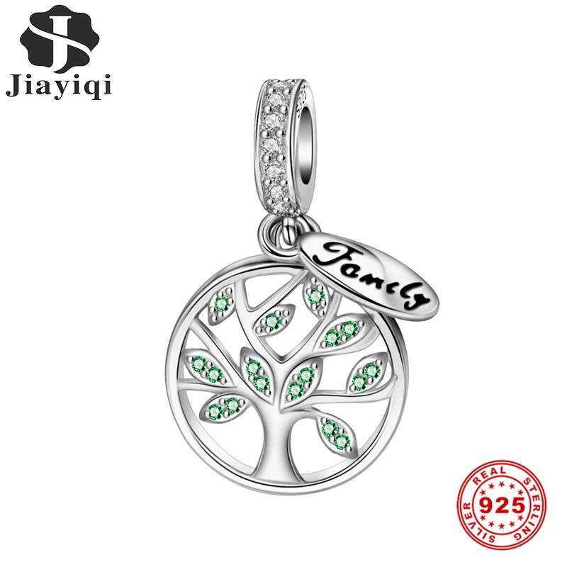 Jiayiqi familieliv Tree Charms 925 Sterling Sølv med ZIRKONIA Perler Passer til Kvinder Charms Sølv 925 Oprindelige DIY Smykker Gave