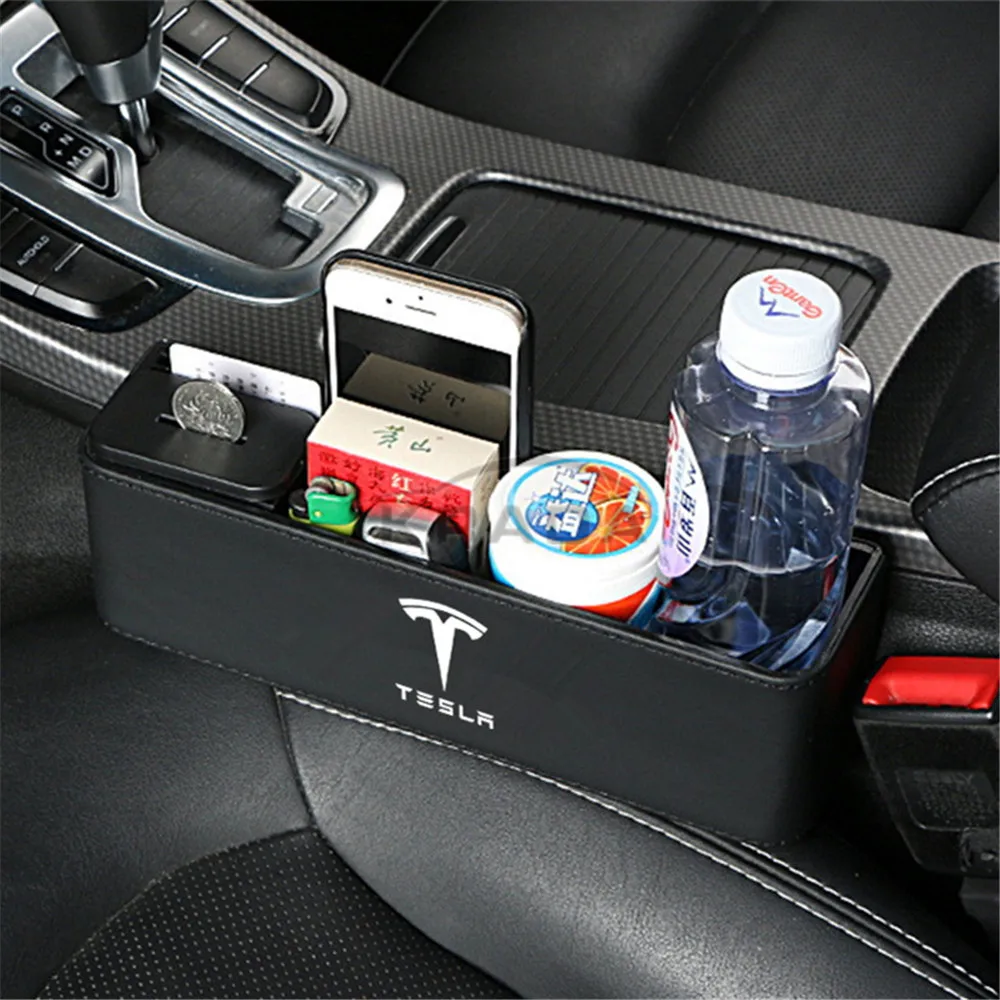1X Sæde Revne opbevaringsboks Til Tesla Model 3 Model S Model X PU Læder kopholder Emblem Taske Organizer Tilfælde Tilbehør til Bilen
